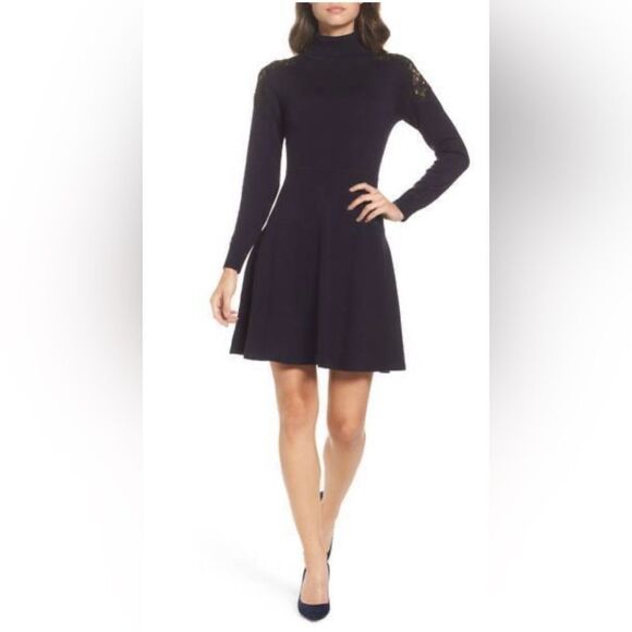 NWT Eliza J Lace Shoulder Turtleneck Black Dress - Timeless Elegance Sz M - Picture 3 of 8